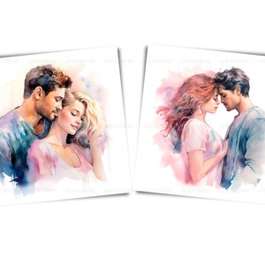 May include: Two people are embracing in a watercolor painting. The couple is standing close together, with the man's arm around the woman's waist. The woman's head is resting on the man's shoulder. The painting is done in soft, muted colors, with a pink and blue background.