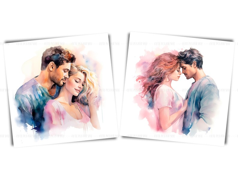 May include: Two people are embracing in a watercolor painting. The couple is standing close together, with the man's arm around the woman's waist. The woman's head is resting on the man's shoulder. The painting is done in soft, muted colors, with a pink and blue background.