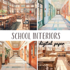 Aquarell Schule Interieurs Clipart-Hochschule, technische Sekundarschule Landschaft digitales Papier-Akademie Grafik- Architektur Illustration