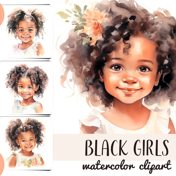 Clipart de bébé à la peau foncée aquarelle - filles mignonnes brunes-tendre illustration-noir bambin fille portrait-belle fille avec sublimation afro