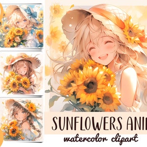Clipart anime ragazza girasoli acquerello - carta digitale estiva giapponese - illustrazioni delicate in stile giapponese - graziose ragazze anime floreali