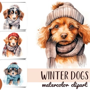 Cani acquerellati con cappelli invernali clipart - cuccioli carini con illustrazioni di sciarpe - ritratti di cani invernali accoglienti - animali domestici per biglietti di Natale JPG