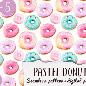 Watercolor donut seamless pattern- pastel doughnuts digital paper - pink sweets repeating background-Scrapbooking Pattern - food tile JPG