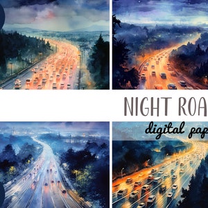 Akwarela nocna droga clipart - cyfrowy papier autostrady - widok z góry drogi JPG - ilustracja świateł samochodowych - wieczorny tor - autostrada o świcie sublimacja