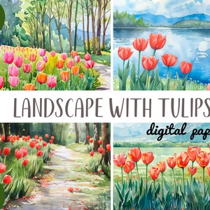 Paisagens em aquarela com clipart de tulipas - campo de flores digital papel-primavera parque, rio, floresta, montanhas ilustrações-natural, tulipa JPG