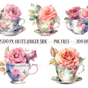 Watercolor vintage cups with roses retro tea mugs PNG-vintage roses pastel colors delicate illustrations antique flower arrangements image 3