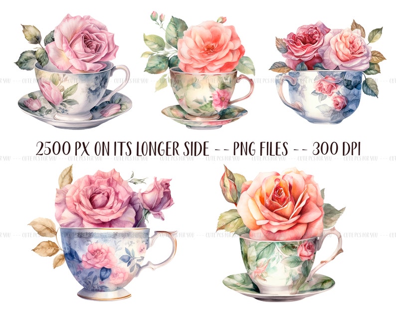 Watercolor vintage cups with roses retro tea mugs PNG-vintage roses pastel colors delicate illustrations antique flower arrangements image 3