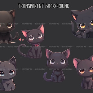 K&ouml;nnte beinhalten: Sechs Cartoon-Illustrationen von schwarzen Katzen mit gro&szlig;en Augen und verschiedenen Posen. Einige Katzen haben rosa Ohrendetails und Herzen. Der Text "TRANSPARENT BACKGROUND" befindet sich oben.