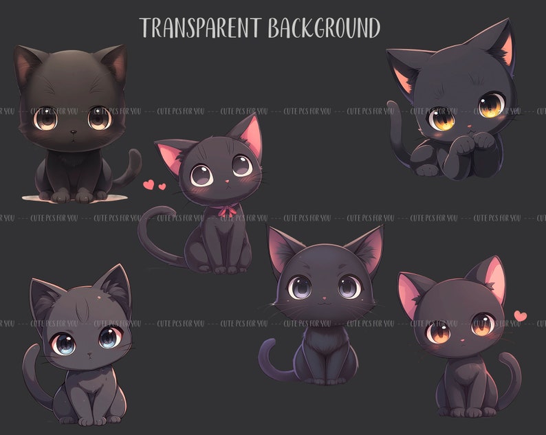K&ouml;nnte beinhalten: Sechs Cartoon-Illustrationen von schwarzen Katzen mit gro&szlig;en Augen und verschiedenen Posen. Einige Katzen haben rosa Ohrendetails und Herzen. Der Text "TRANSPARENT BACKGROUND" befindet sich oben.