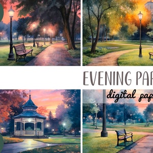 Akwarela wieczorny park clipart - w parku o zachodzie słońca papier cyfrowy - nocna alejka parku - wieczorny krajobraz - latarnie i ławki JPG