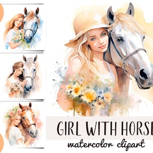 Filles aquarelles avec chevaux clipart - jolie femme avec du papier numérique cheval - illustration tendre - avec art mural animaux de la ferme - portrait d'animal de compagnie