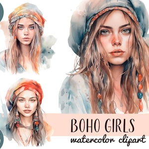 Acuarela boho mujer clipart - hermosas chicas boho PNG - chicas con pañuelos en la cabeza - ilustración digital estilo oriental - Junk Journal Art