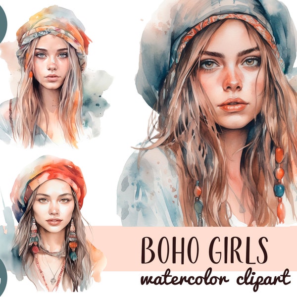 Watercolor boho womans clipart - beautiful bohemian girls PNG - girls in headscarves -digital illustration oriental style - Junk Journal Art