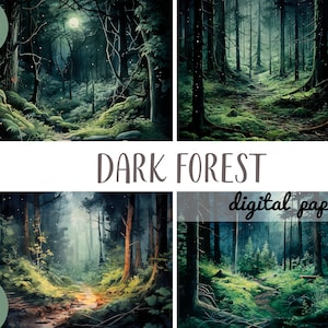 Clipart forêt sombre aquarelle - papier numérique paysage de nuit - forêt mystérieuse JPG - fond vert foncé des bois - arbres lugubres, chemin
