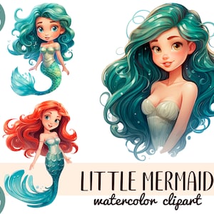 Watercolor little mermaids clipart - Princess mermaid PNG - cute cartoon girl with a fish tail illustration-underwater kingdom, girls party