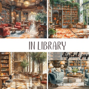 Clipart de bibliothèque confortable à l'aquarelle - papier numérique de bibliothèque à la maison - sublimation intérieure de salon - fond de livres bruns, amateurs de lecture