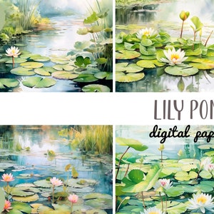 Lagoas em aquarela com clipart de lírios - lagoa no jardim papel digital - sublimação de lírios JPG - nenúfares - bela paisagem de lagoa