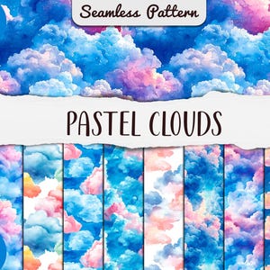 Watercolor pastel clouds seamless pattern - Cloudy Skies Digital Paper - blue and pink textures - Heaven repeating Backgrounds-cartoon cloud
