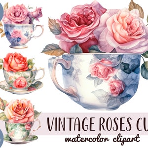 Watercolor vintage cups with roses retro tea mugs PNG-vintage roses pastel colors delicate illustrations antique flower arrangements image 1