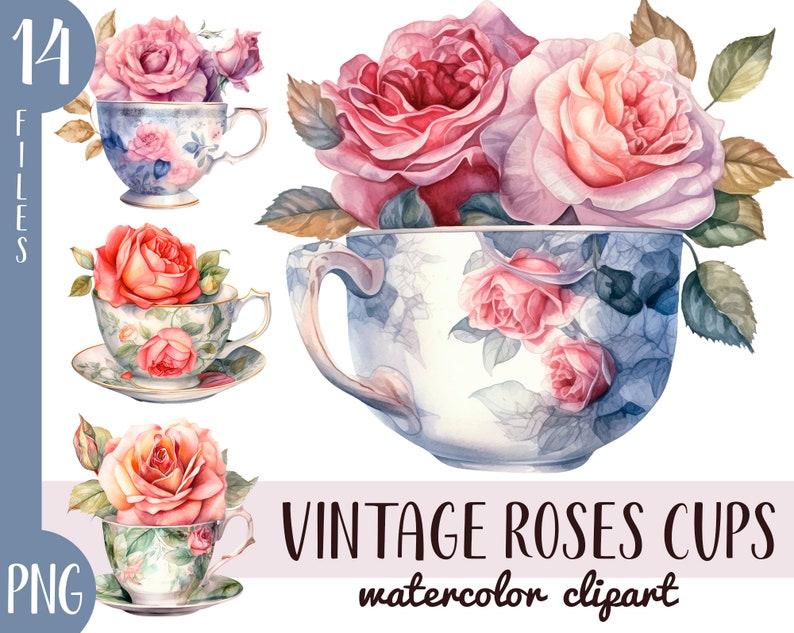 Watercolor vintage cups with roses retro tea mugs PNG-vintage roses pastel colors delicate illustrations antique flower arrangements image 1