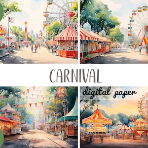 Clipart di carnevale ad acquerello - fiera, ruota panoramica, tenda - intrattenimento, ricreazione, fine settimana con la famiglia, attrazioni sfondo carta digitale