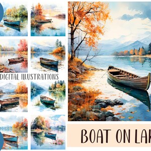 Illustrazione di barche ad acquerello sul lago - nave, clipart di barche - paesaggio autunnale, foresta, carta digitale naturale - grafica per attività ricreative all'aperto
