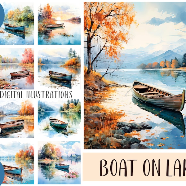 Watercolor boats on the lake illustration - ship, boat clipart - autumn landscape, forest, nature digital paper - outdoor recreation graphic
