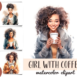 Aquarell schöne schwarze Mädchen mit Kaffee Clipart - Frauenporträt mit einer Tasse Tee digitale Papierstimmung Kaffee JPG-gemütliche Illustrationen