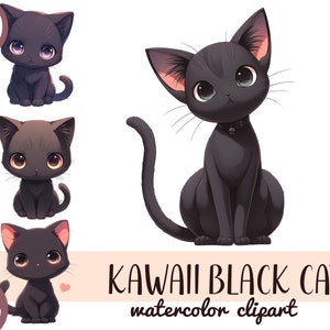 Watercolor kawaii black cats clipart - cute kittens - anime cats PNG - big eyes graphics - cartoon cats stickers, sublimation-chibi animals
