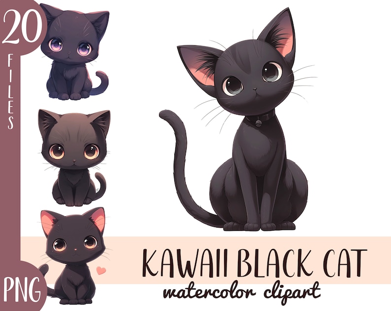 K&ouml;nnte beinhalten: Eine Sammlung von Kawaii-Schwarzkatzen-Aquarell-Clipart-Bildern. Das Bild enth&auml;lt drei verschiedene Illustrationen von schwarzen Katzen mit gro&szlig;en Augen und einem niedlichen, cartoonartigen Stil. Der Text "KAWAII BLACK CAT watercolor clipart" ist ebenfalls enthalten.