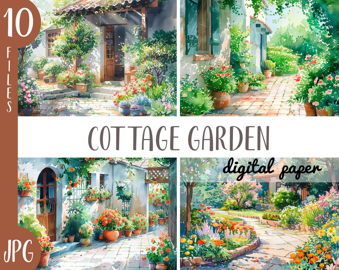 Watercolor Cottage Garden Clipart - Garden With Flowers Digital Paper ...
