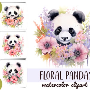Aquarell niedliche Pandas Clipart - Panda mit Blumen - digitales Papier - Blumenpanda Porträt Sublimation JPG - zarte Illustrationen mit Tieren