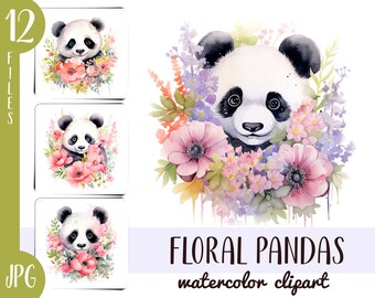 Watercolor Panda Clipart: Floral Panda Portraits (JPG Digital Download)