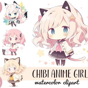 Aquarell Anime Chibi Charaktere Clipart - süße kawaii Mädchen PNG - Grafiken im japanischen Stil - lustige Cartoon Neko Mädchen Aufkleber, Sublimation
