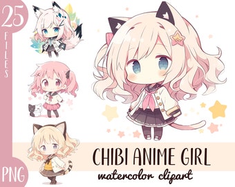 Watercolor Anime Chibi Girl Clipart: Kawaii PNG Graphics (Digital Download)