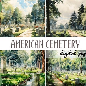 Clipart aquarelle cimetière américain - papier numérique Rest in Peace - perte d'un être cher, pierre tombale, illustrations du Memorial Day - journée ensoleillée
