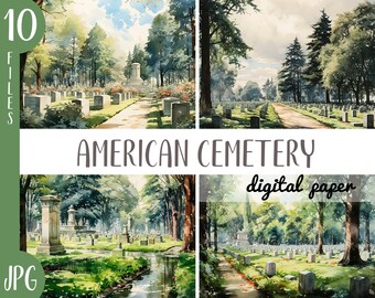 Watercolor Cemetery Clipart: Memorial Day Illustrations (Digital Paper)