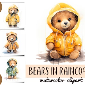 Clipart aquarelle d'ours en imperméable - dessin animé d'ours en peluche sous la pluie - oeuvre d'art pour chambre d'enfant - imperméable jaune, animaux mignons JPG