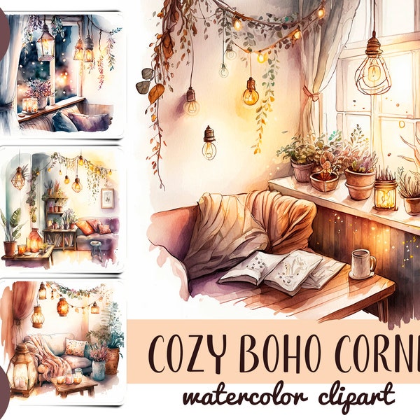 Watercolor cozy boho corners - boho interior - comfort in the house - boho evening -warm light-garlands lights decor-digital sublimation JPG