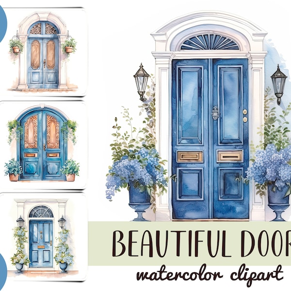 Watercolor Beautiful Doors Clipart - American Porch Digital Paper - Vintage Doors Illustration - Flower Pots, Cityscape-urban sketches JPG