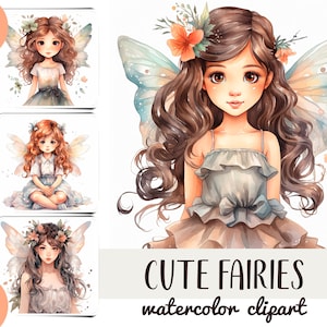 Aquarel schattige feeën clipart - kleine fee portret digitaal papier - mooie meisjes met vleugels afbeelding-wenskaarten-kinderillustratie