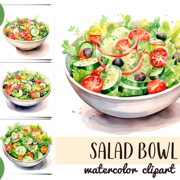 Watercolor bowls with salad clipart -plate with food digital paper - healthy food, diet, snack, greens and vegetables -summer bright graphic