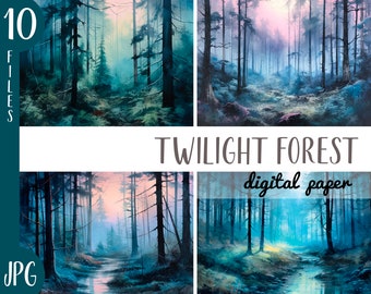 Watercolor twilight forest clipart - evening landscape digital paper - mysterious forest JPG - sunset in the forest - dark blue background