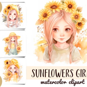 Aquarela lindas garotas com girassóis clipart - papel digital de arranjo de flores - ilustrações de verão - gráfico de girassol - olhos grandes criança