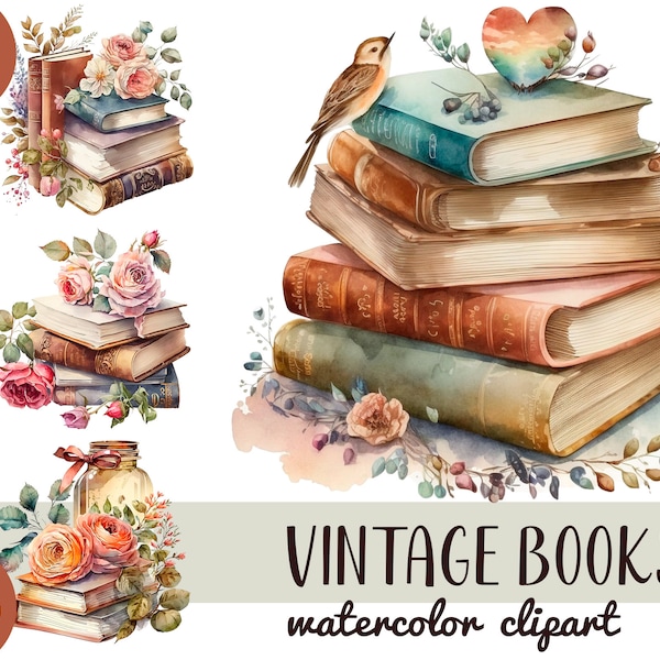 Watercolor vintage books clipart-reading clipart-library clipart-romantic books bundle-Retro scrapbooking-vintage rose-old books with flower