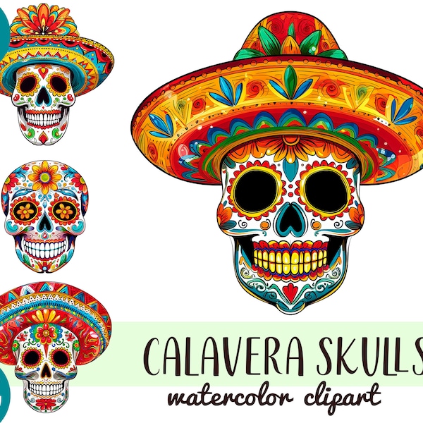 Watercolor calavera skulls clipart - mexican halloween - day of the dead sublimation -skull and flowers PNG -Día de Los Muertos illustration
