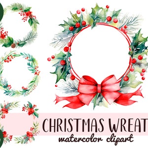 Watercolor christmas wreaths clipart - holly, fir branch, red berries PNG - winter holiday  transparent background, for greeting card