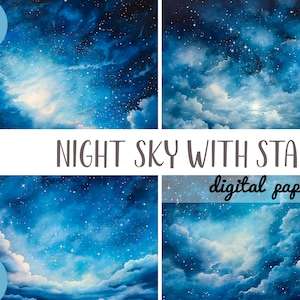 Clipart ciel étoilé aquarelle - papier numérique étoiles de nuit - fond bleu foncé JPG - atmosphère nocturne romantique - ciel clair de lune avec nuages