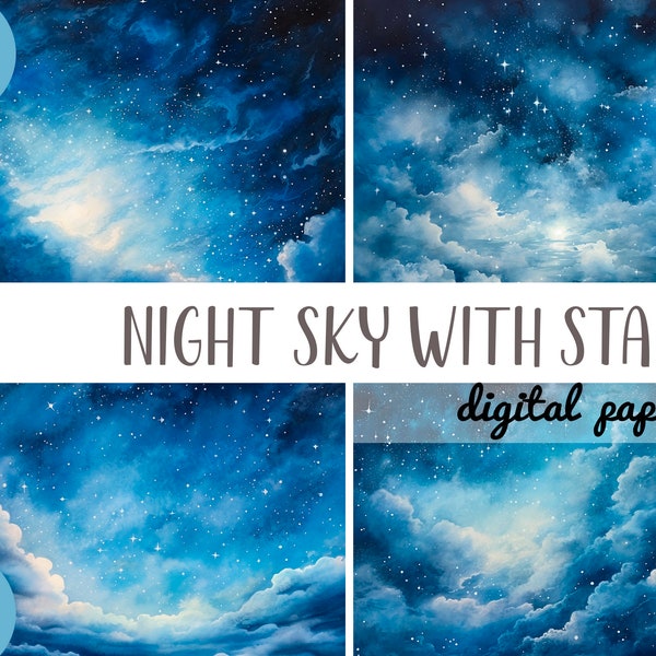 Aquarell Sternenhimmel Clipart - Nacht Sterne digitales Papier - dunkelblauer Hintergrund JPG - romantische Nacht Atmosphäre - Mondschein-Himmel mit Wolken