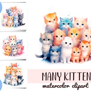 Watercolor kittens clipart - lots of funny cats digital paper - lots of kittens illustrations - rainbow cute cats sublimation -pastel colors